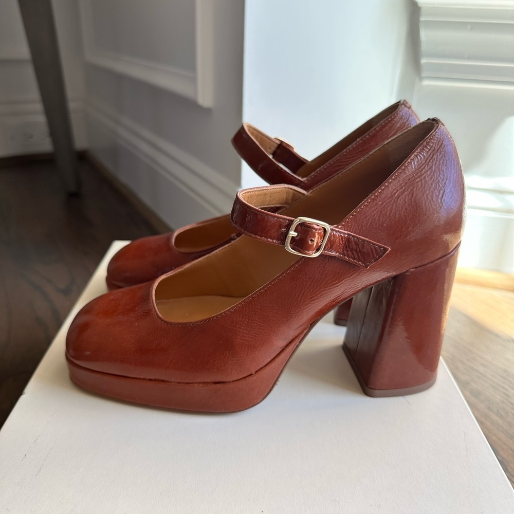 NIB Sezane Georgia Brown Patent Leather Mary Janes Platform Heels Pumps 37 - Picture 4 of 8